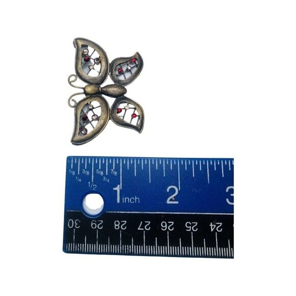 Antique Brass Open Work Metal Rhinestone Vintage Molded Butterfly Brooch 2 1/8” - Picture 13 of 13